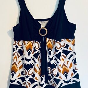 Stylish Black and Brown Women's Top with Rust and Yellow accents.